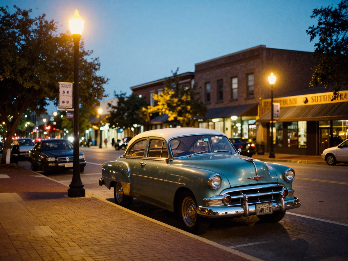 Austin Texas Evening Street Scene with Vintage Car and Local Shopfront in in Austin, Texas, United States