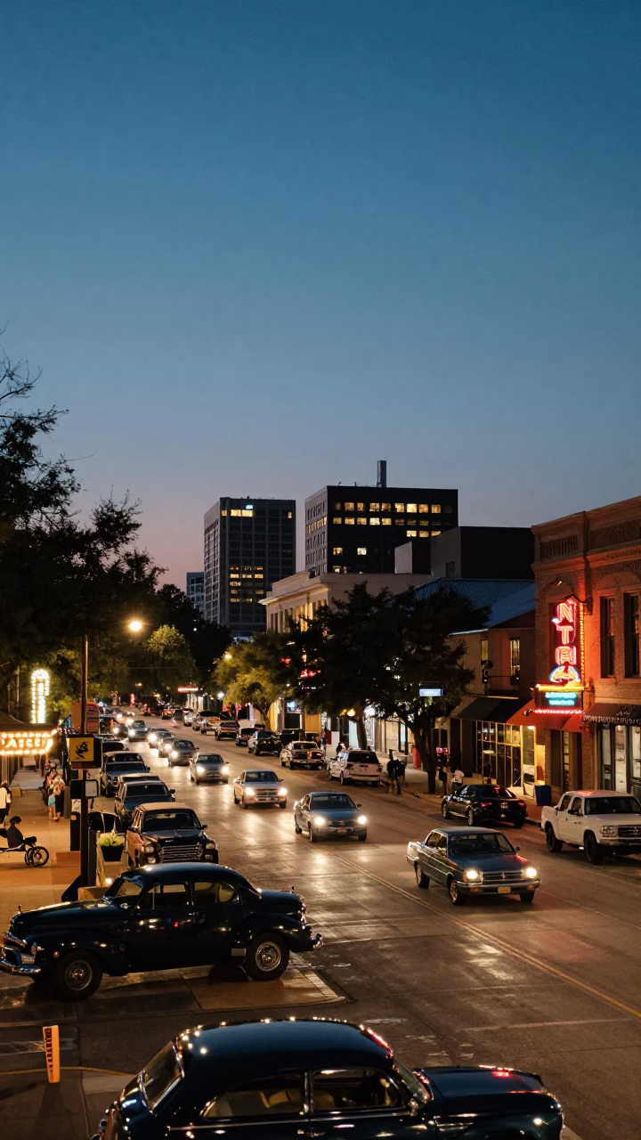 Austin Texas Evening Street Scene with Vintage Cars and City Lights in in Austin, Texas, United States