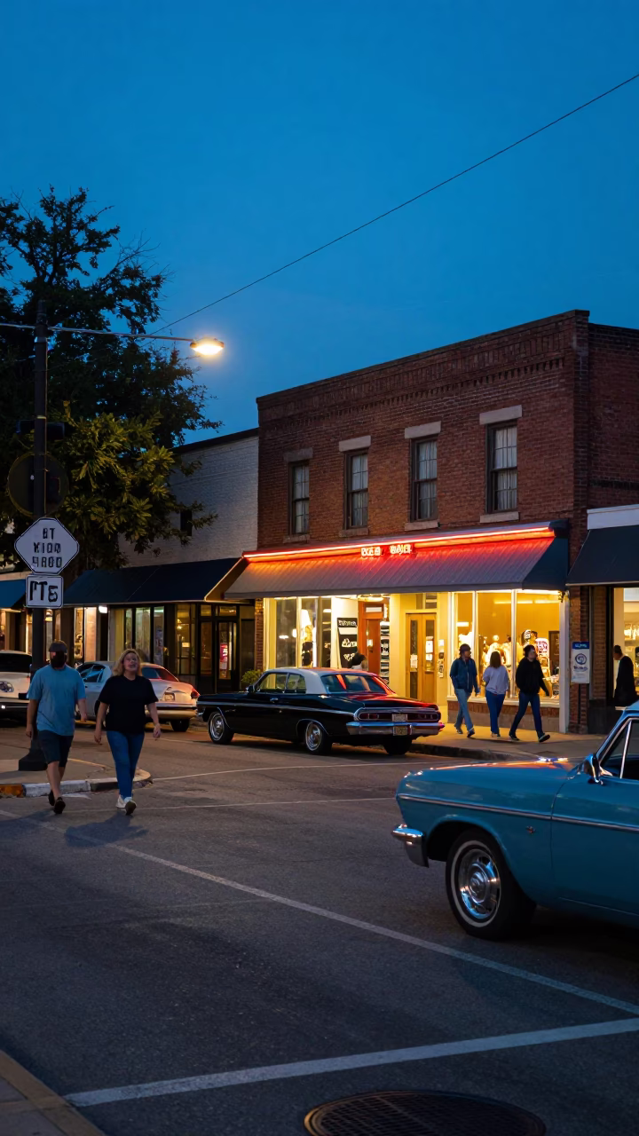 Austin Texas Evening Street Scene with Vintage Cars and Neon Lights in in Austin, Texas, United States