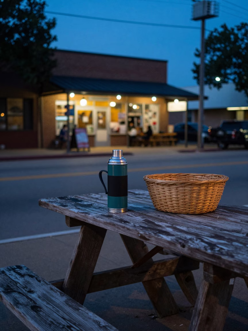 Austin Texas Evening Street Scene with Vintage Thermos and Basket in in Austin, Texas, United States