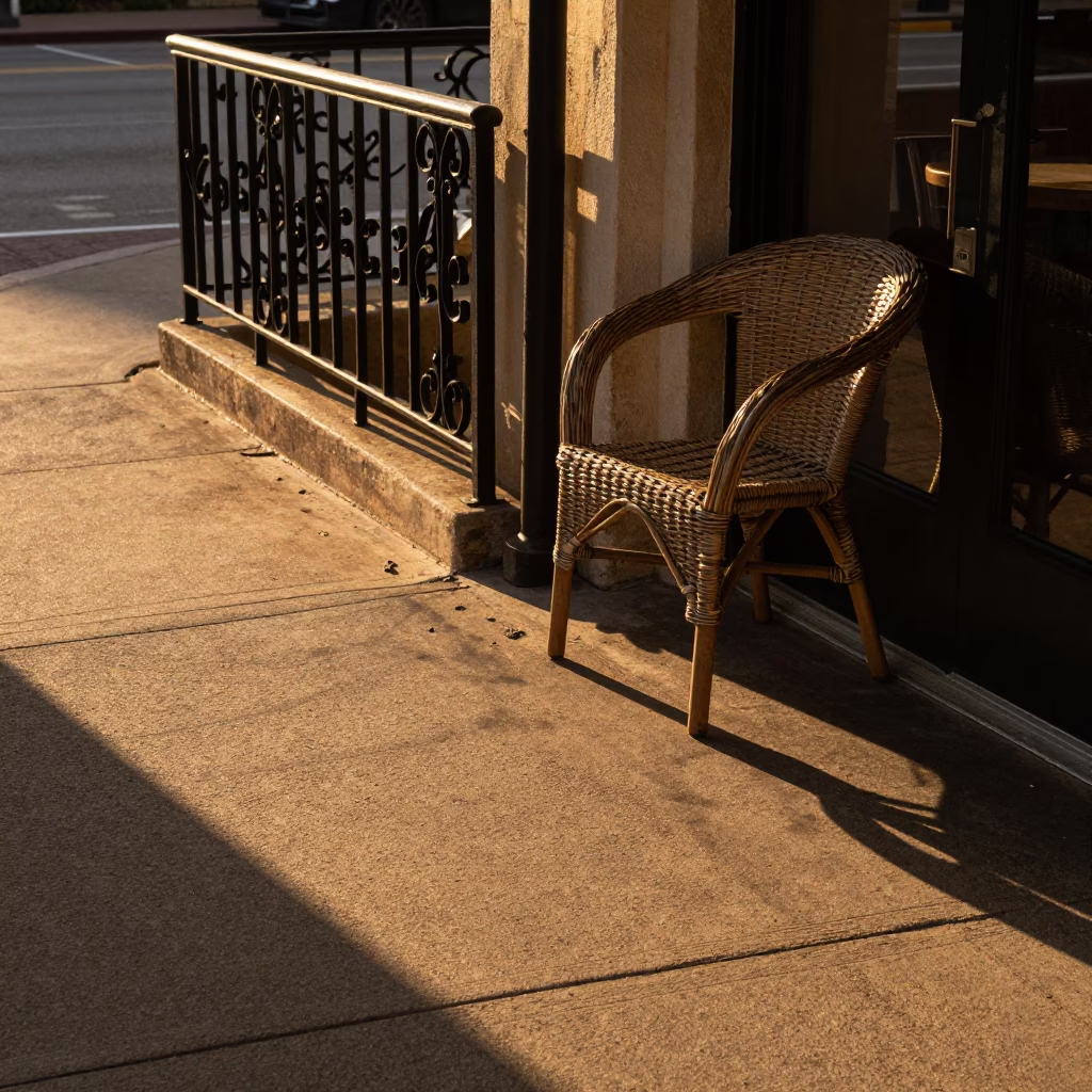 Austin Texas Evening Street Scene with Wicker Chair Shadow and Glass Bottle in in Austin, Texas, United States