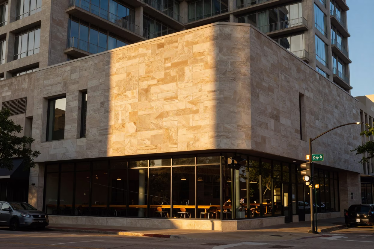 Austin Texas Evening Sunlight Striking Modern Architecture and Urban Street Scene in in Austin, Texas, United States