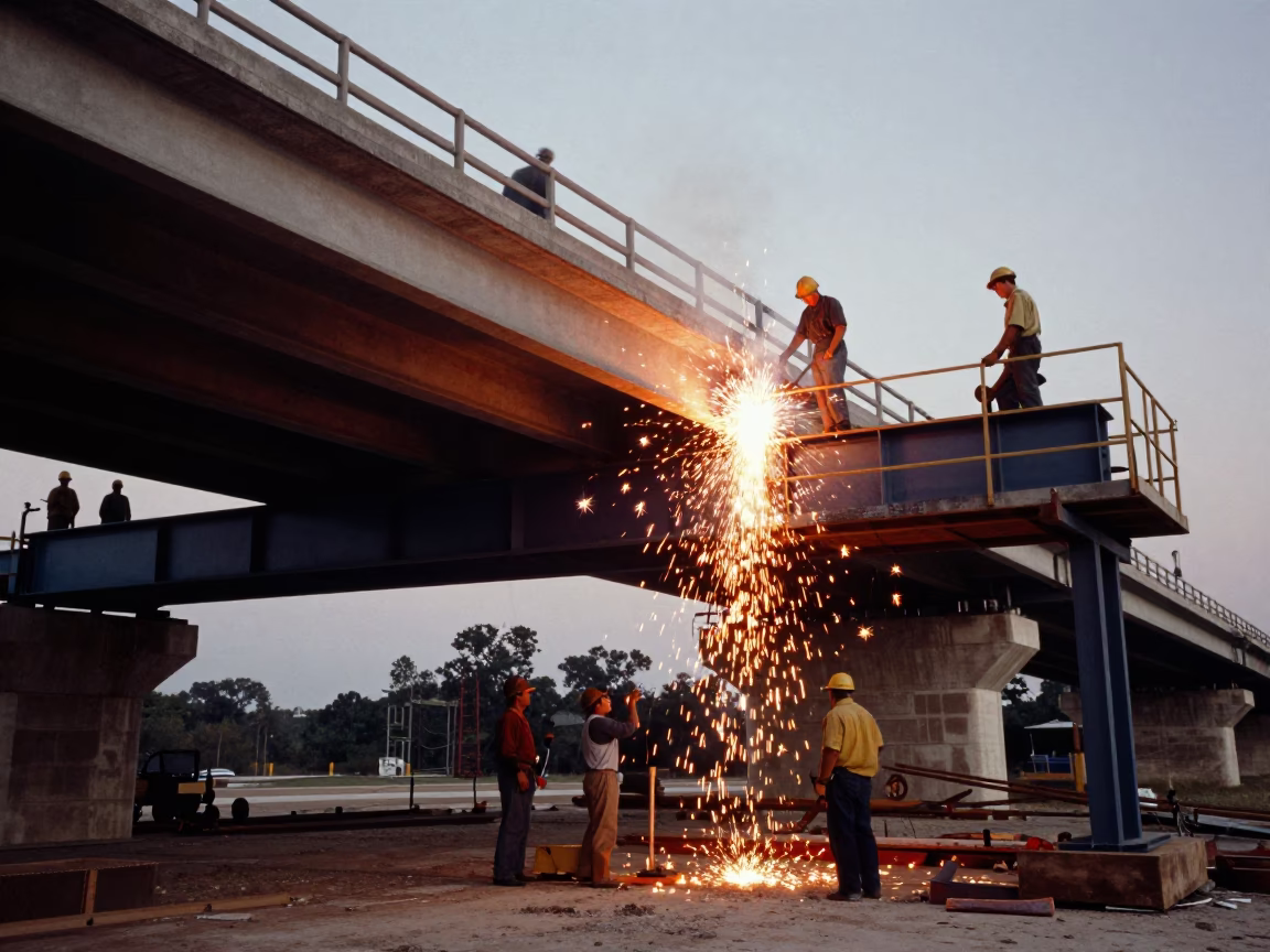 Austin Texas Evening Welding Sparks Under Congress Avenue Bridge Construction Project in in Austin, Texas, United States