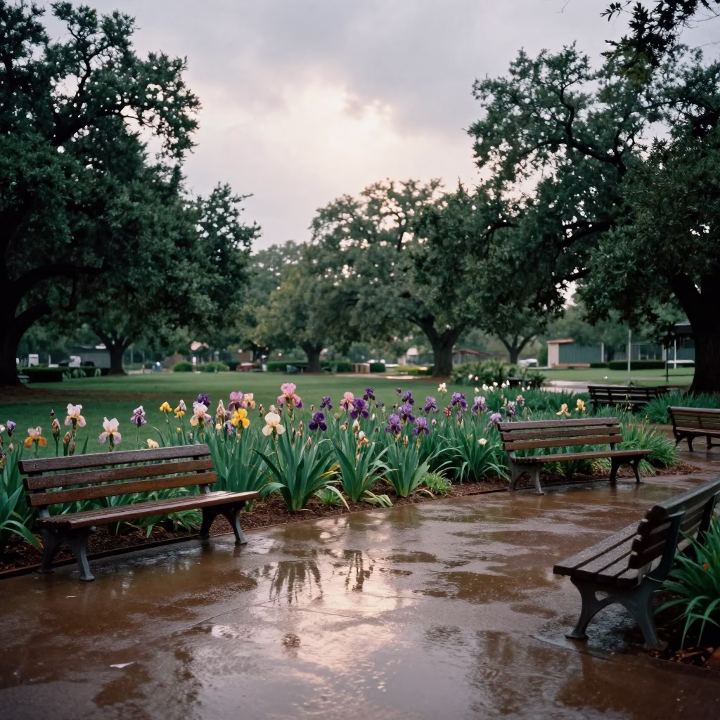 Austin Texas First Light After Rain Garden Benches and Iris Blossoms in in Austin, Texas, United States