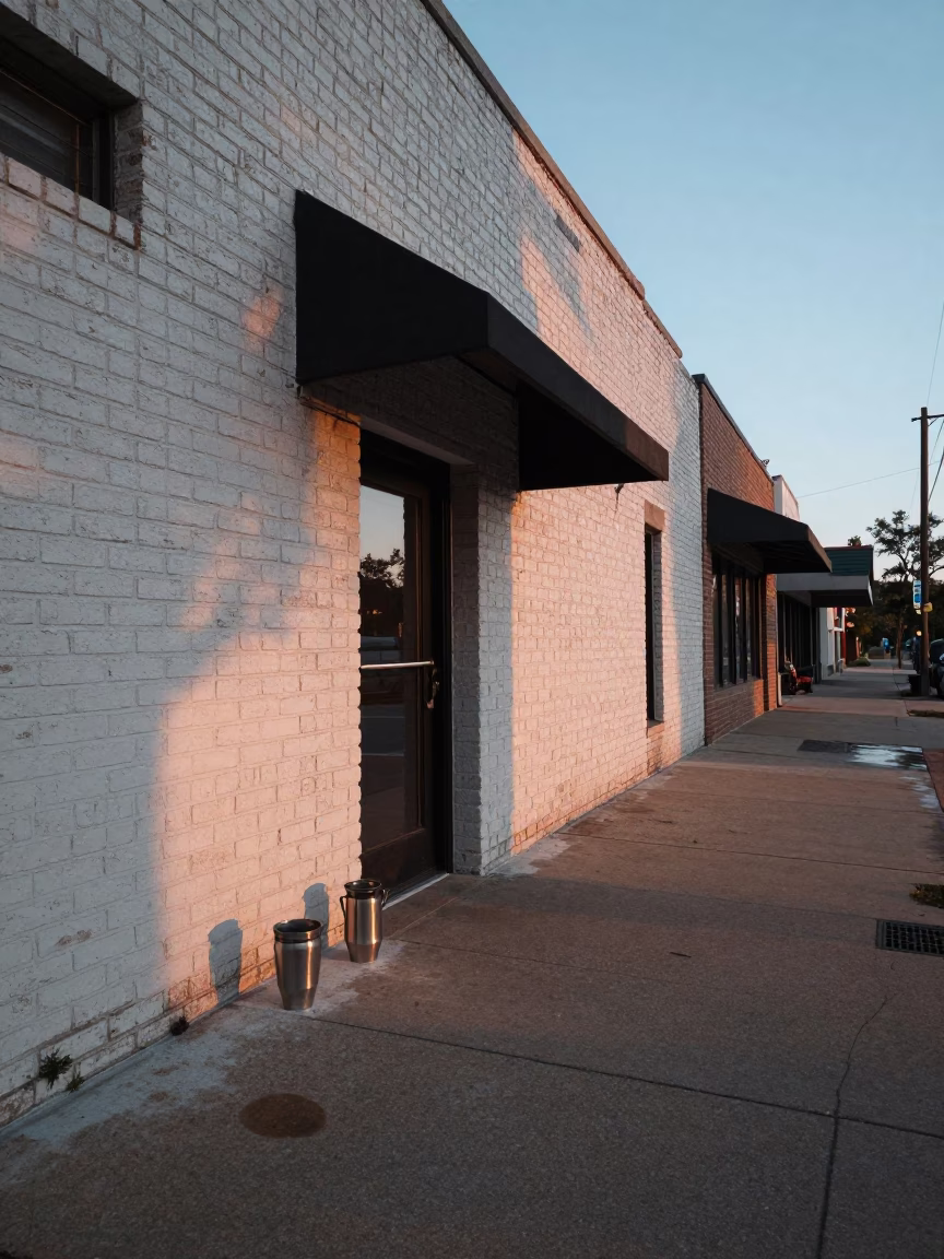 Austin Texas First Light Dawn Street Scene with Local Coffee Shop Exterior in in Austin, Texas, United States