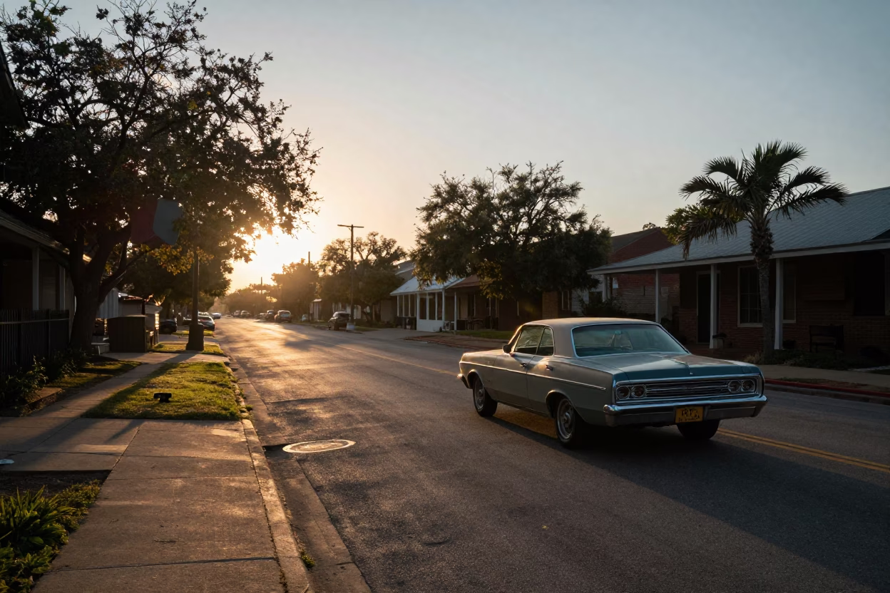 Austin Texas First Light Dawn Street Scene with Vintage 1970s Details and Local Atmosphere in in Austin, Texas, United States