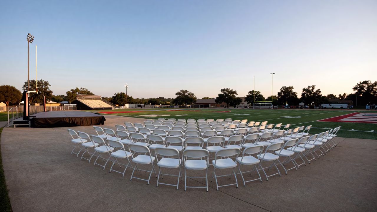 Austin Texas First Light Graduation Stage and Empty Folding Chairs in in Austin, Texas, United States