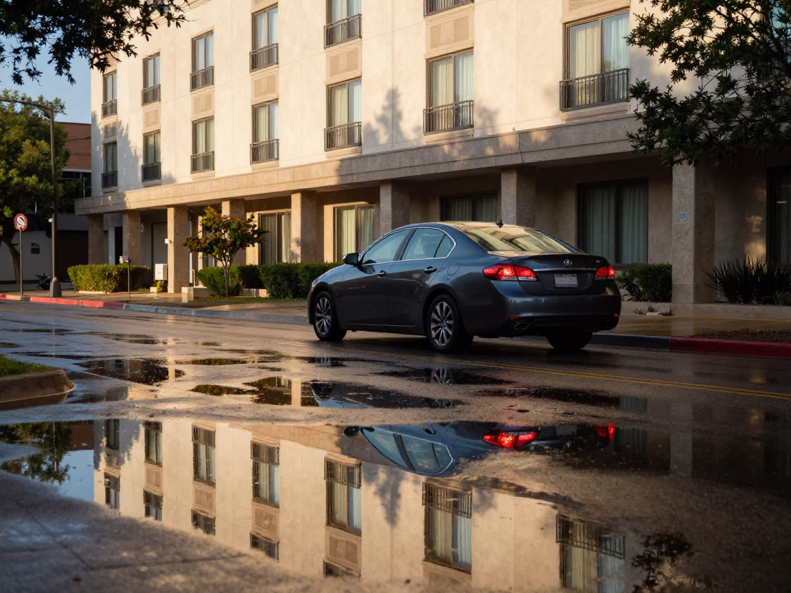 Austin Texas first light puddle reflection hotel windows tail lights street scene in in Austin, Texas, United States