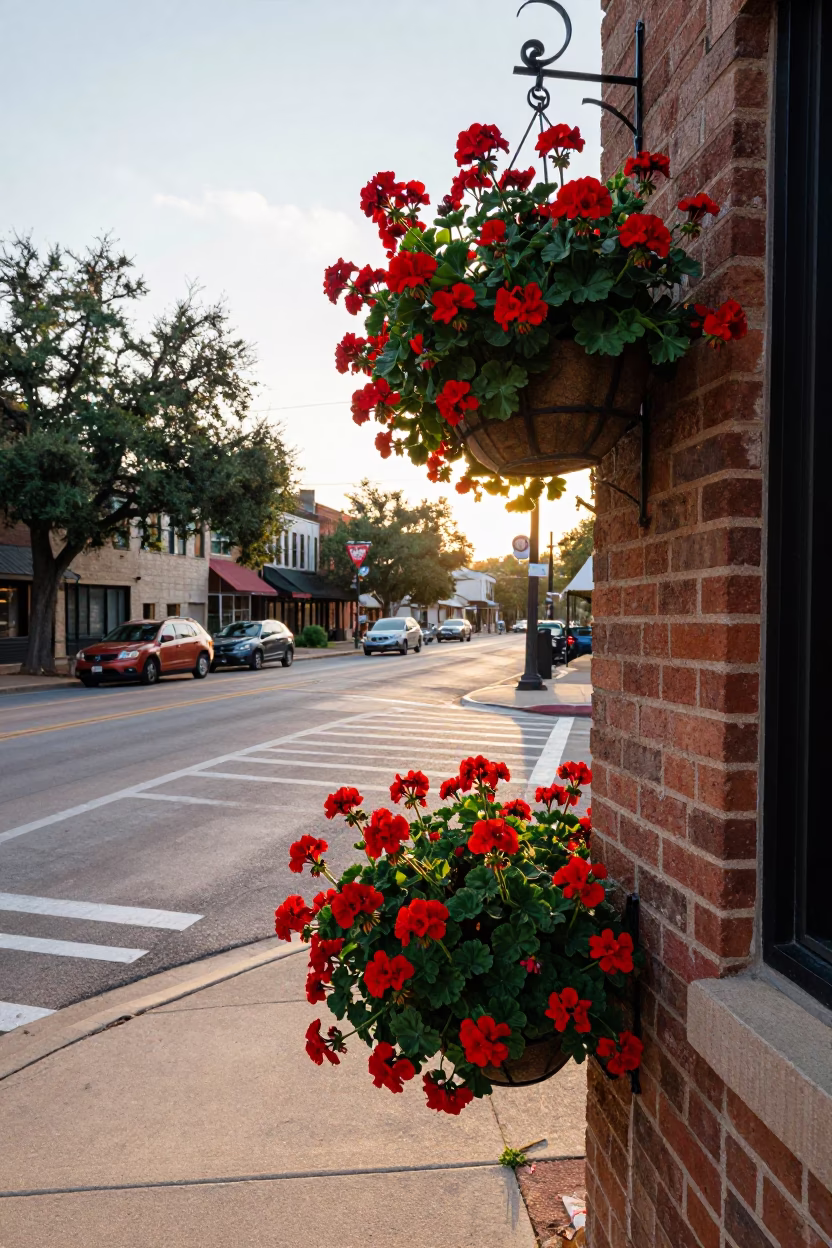 Austin Texas First Light Street Scene with Geraniums and Local Market Activity in in Austin, Texas, United States