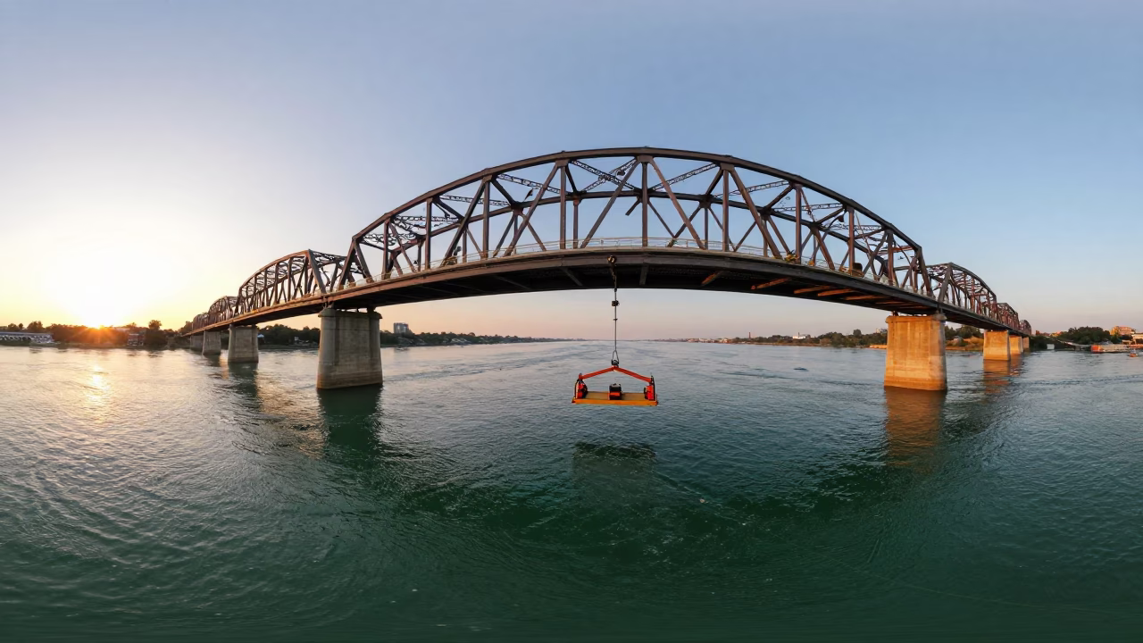 Austin Texas Golden Hour Bridge Maintenance Cradle Over Green River Water at Sunset in in Austin, Texas, United States