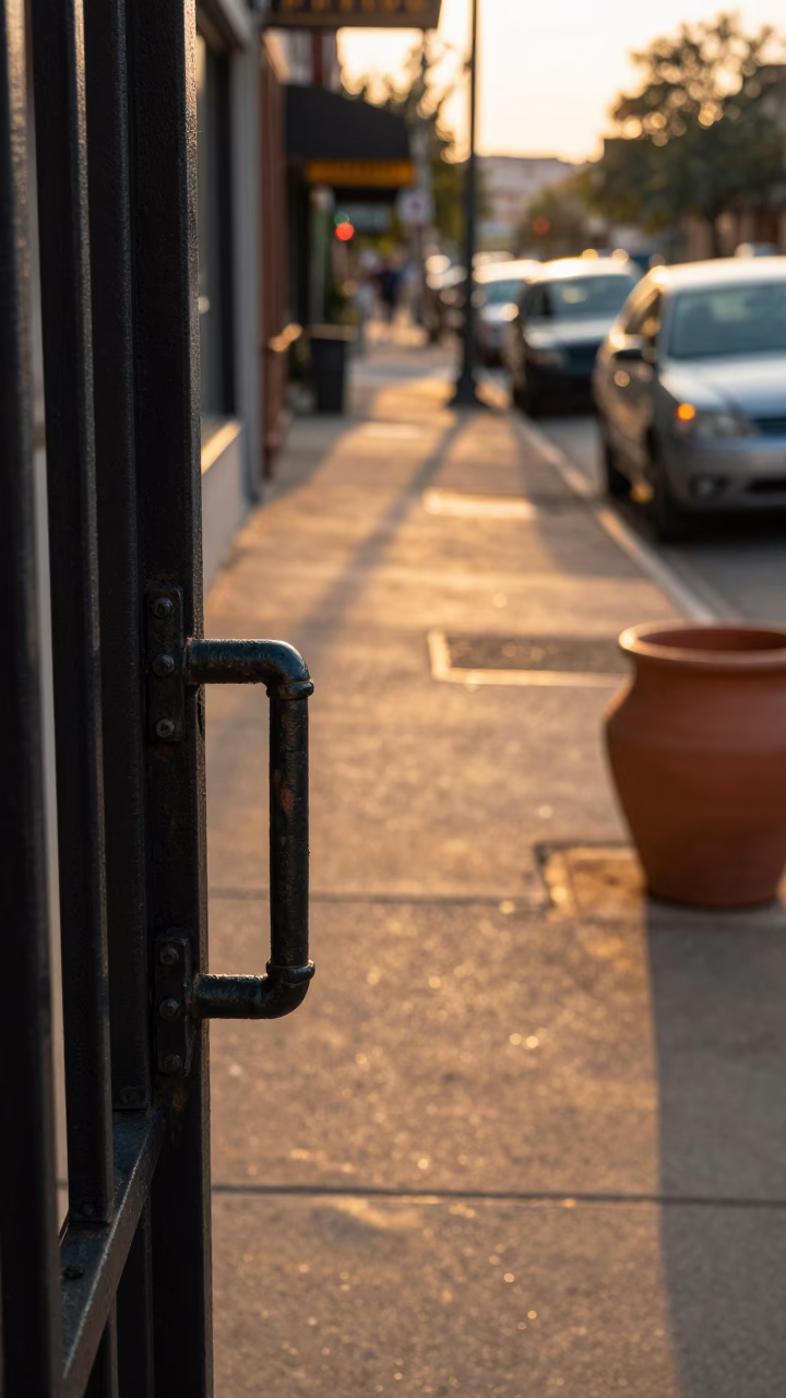 Austin Texas Golden Hour Street Scene with Gate Handle and Clay Pot in in Austin, Texas, United States