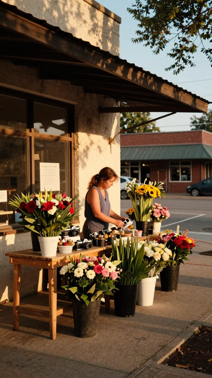 Austin Texas Golden Hour Street Scene with Local Florist and Floral Arrangements in in Austin, Texas, United States
