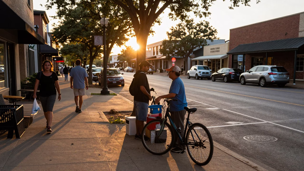 Austin Texas Golden Hour Street Scene with Local Vendor and Pedestrians in in Austin, Texas, United States