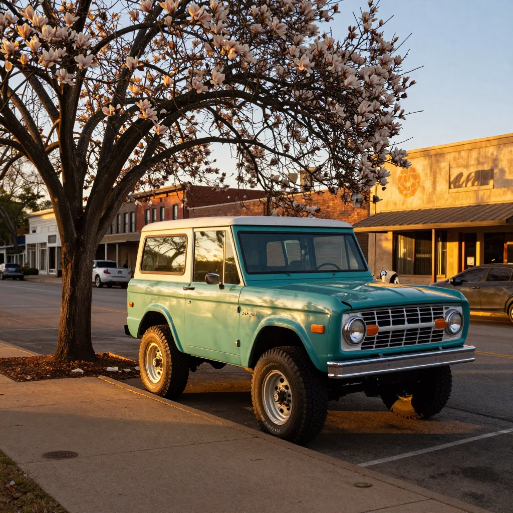 Austin Texas Golden Hour Street Scene with Magnolia Tree and Vintage Car in in Austin, Texas, United States