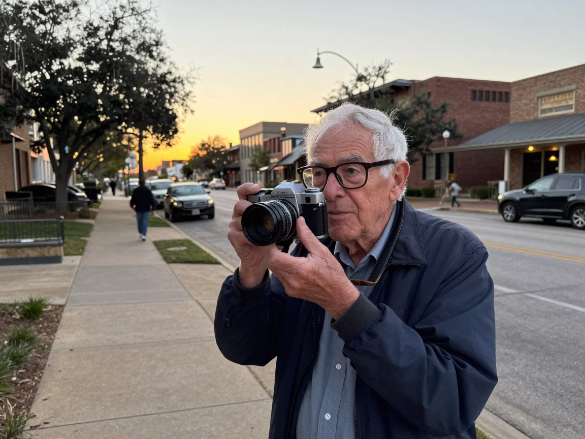 Austin Texas Golden Hour Street Scene with Retired Astronomer and Vintage Camera Gear in in Austin, Texas, United States