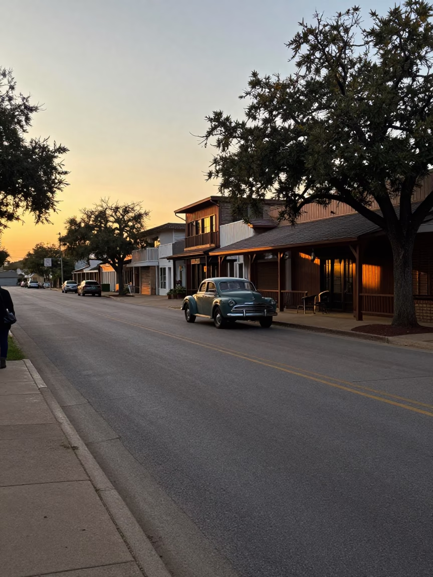 Austin Texas Golden Hour Street Scene with Vintage Car and Local Architecture in in Austin, Texas, United States