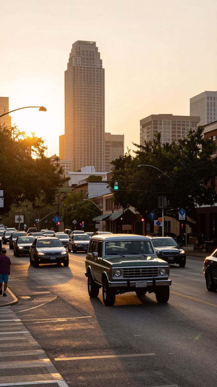 Austin Texas Golden Hour Street Scene with Vintage Cars and Pedestrians in in Austin, Texas, United States