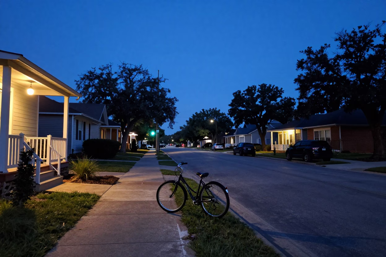 Austin Texas indigo twilight street scene with bicycle and urban infrastructure in in Austin, Texas, United States