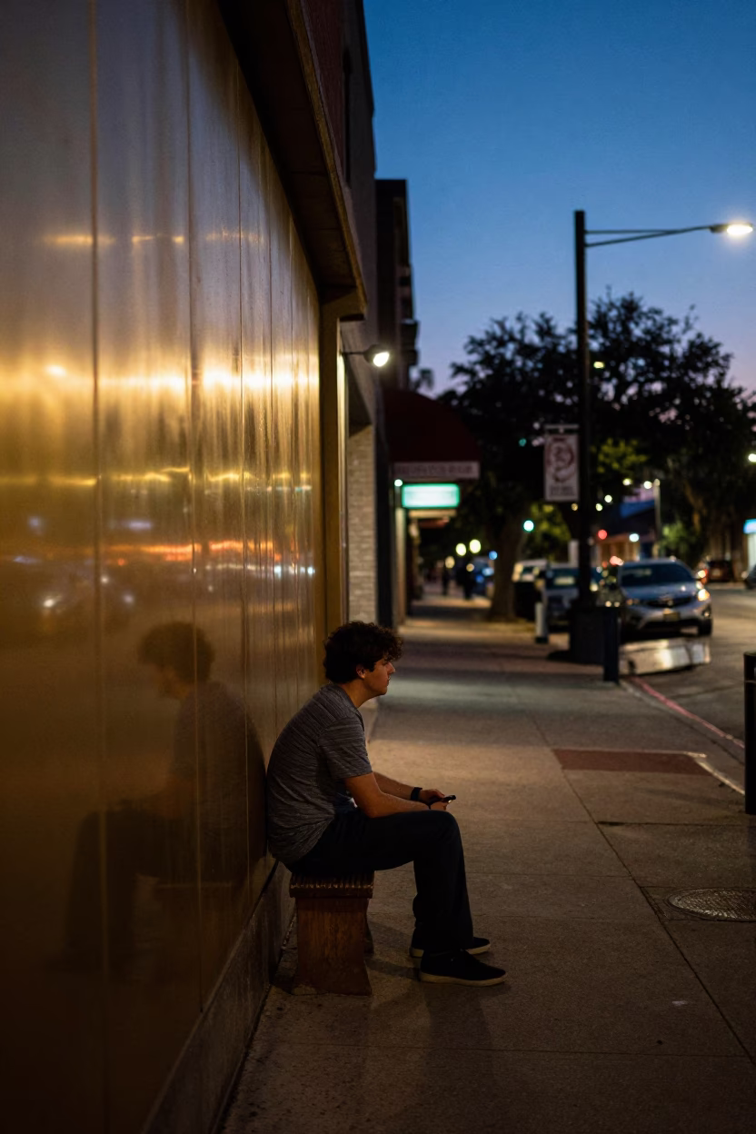 Austin Texas Indigo Twilight Street Scene with Brass Wall and Stool in in Austin, Texas, United States