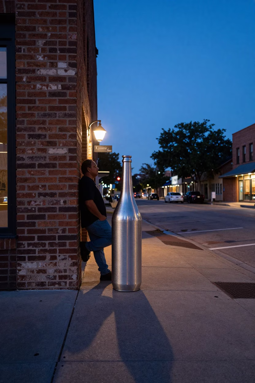 Austin Texas Indigo Twilight Street Scene with Brushed Steel Bottle Neck in in Austin, Texas, United States