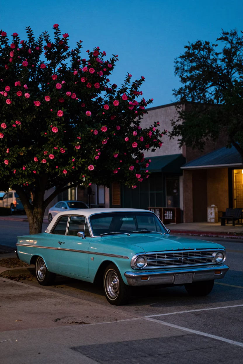 Austin Texas Indigo Twilight Street Scene with Camellia and Vintage Car in in Austin, Texas, United States