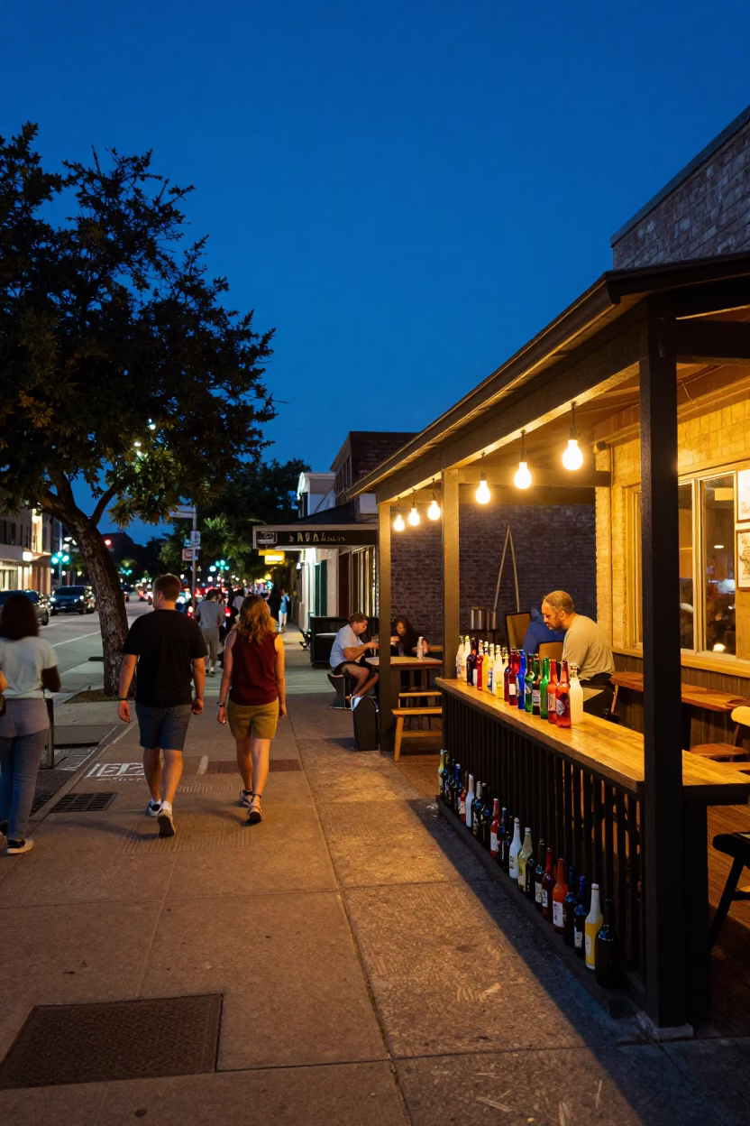 Austin Texas indigo twilight street scene with colorful glass bottles and rusted hook plates in in Austin, Texas, United States