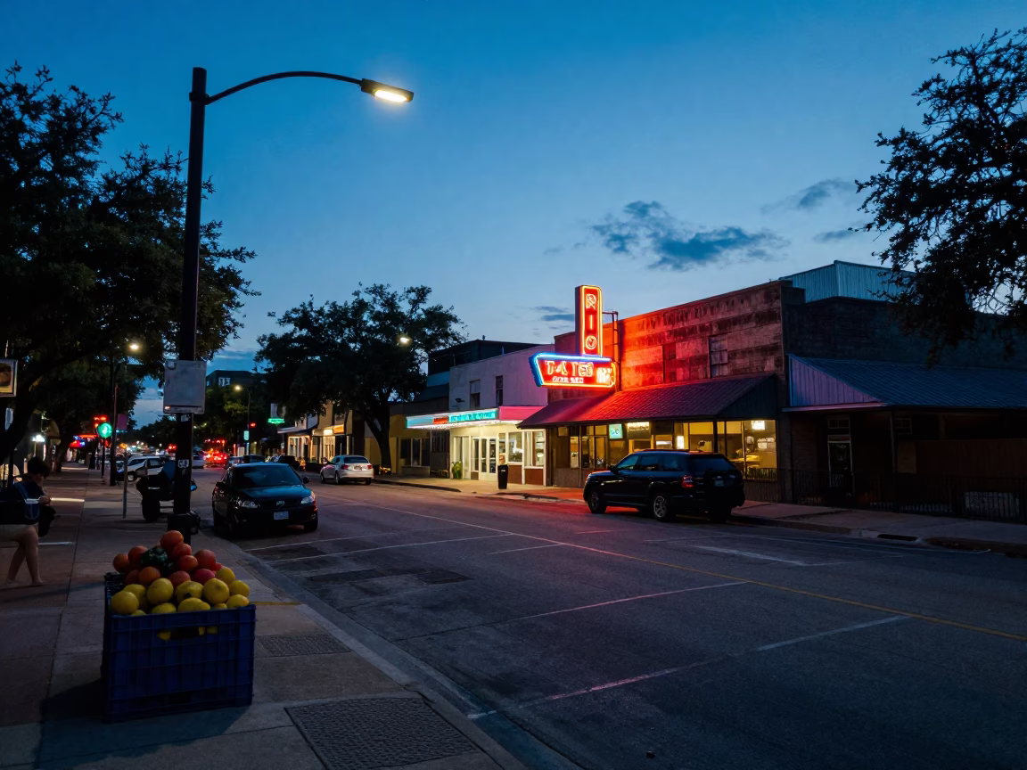 Austin Texas Indigo Twilight Street Scene with Fruit Crate and Pitcher in in Austin, Texas, United States