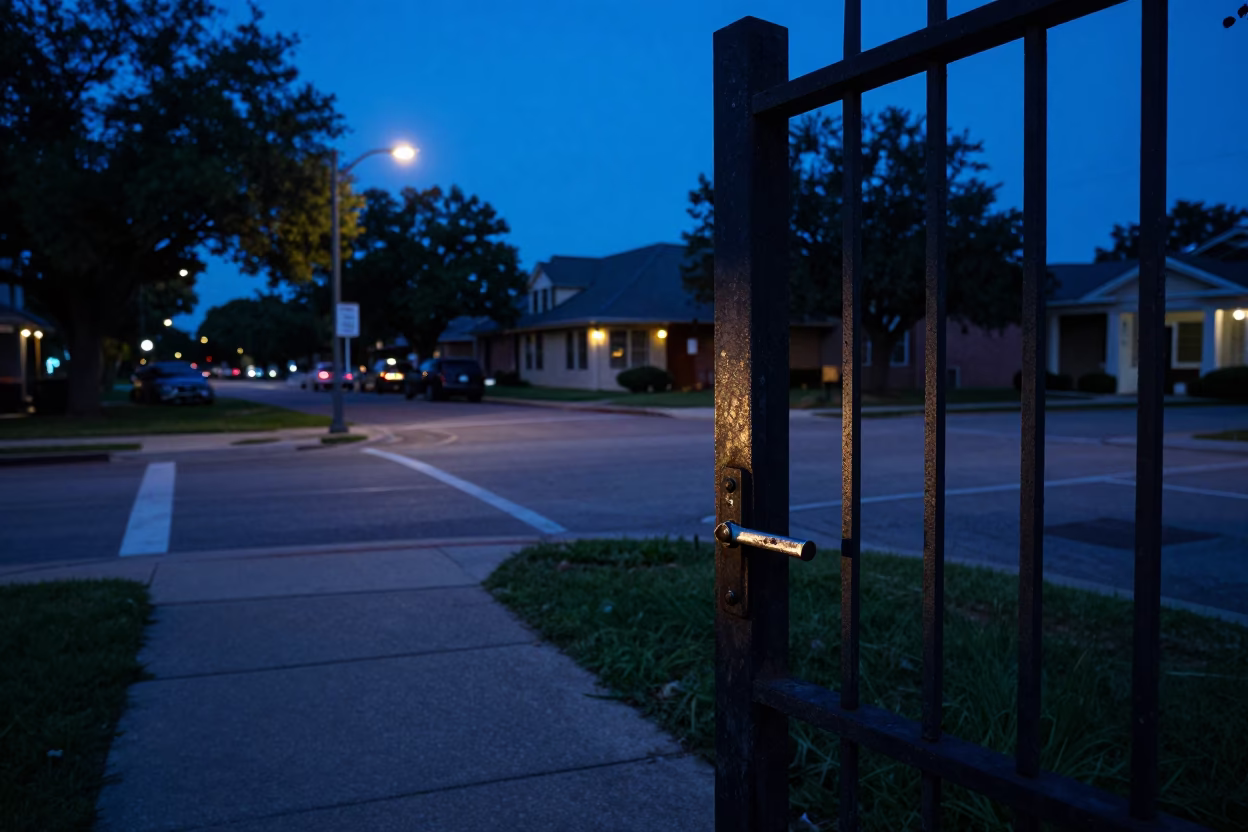 Austin Texas Indigo Twilight Street Scene with Gate Handle and Dappled Shadows in in Austin, Texas, United States