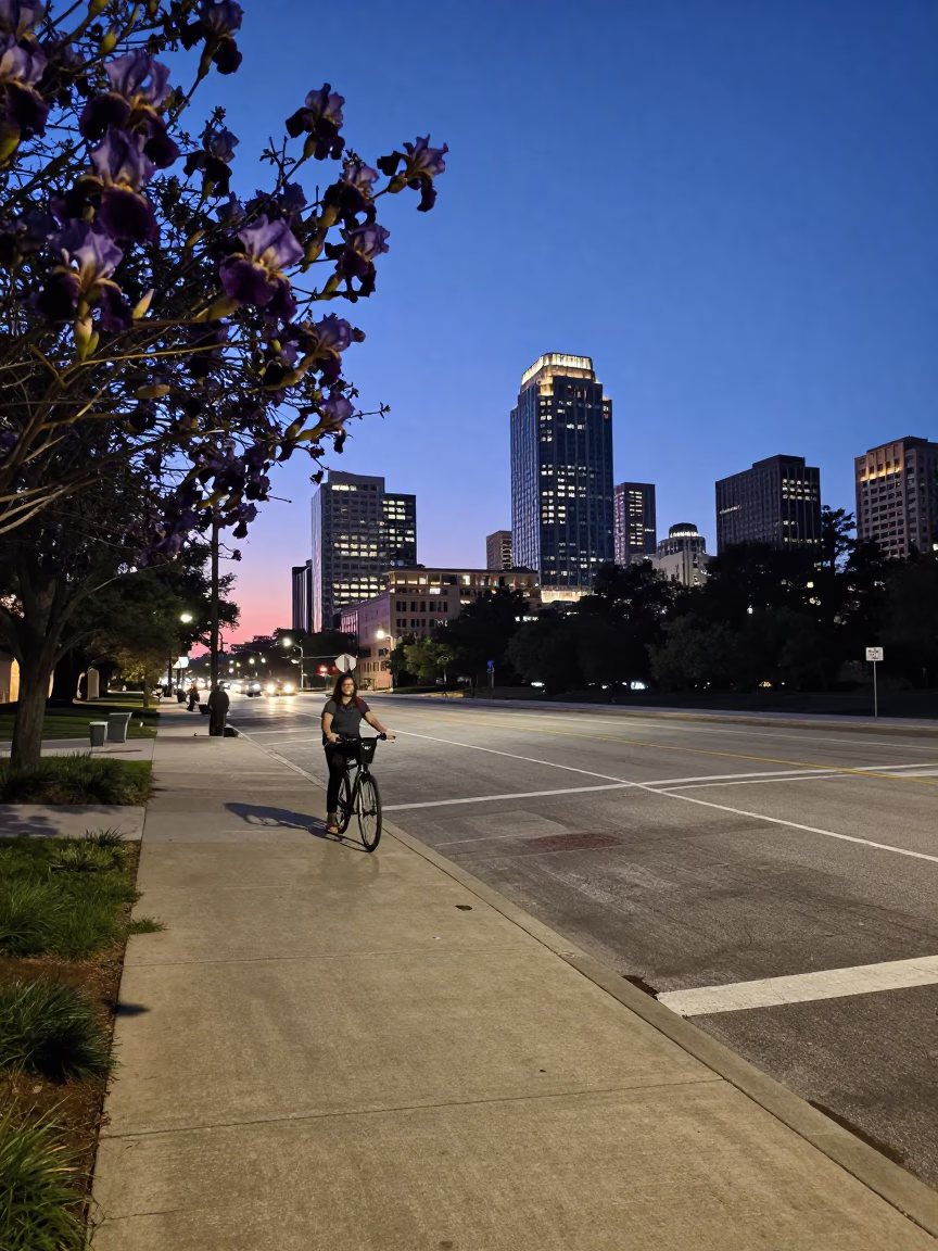 Austin Texas Indigo Twilight Street Scene with Iris Blossoms and Urban Landscape in in Austin, Texas, United States