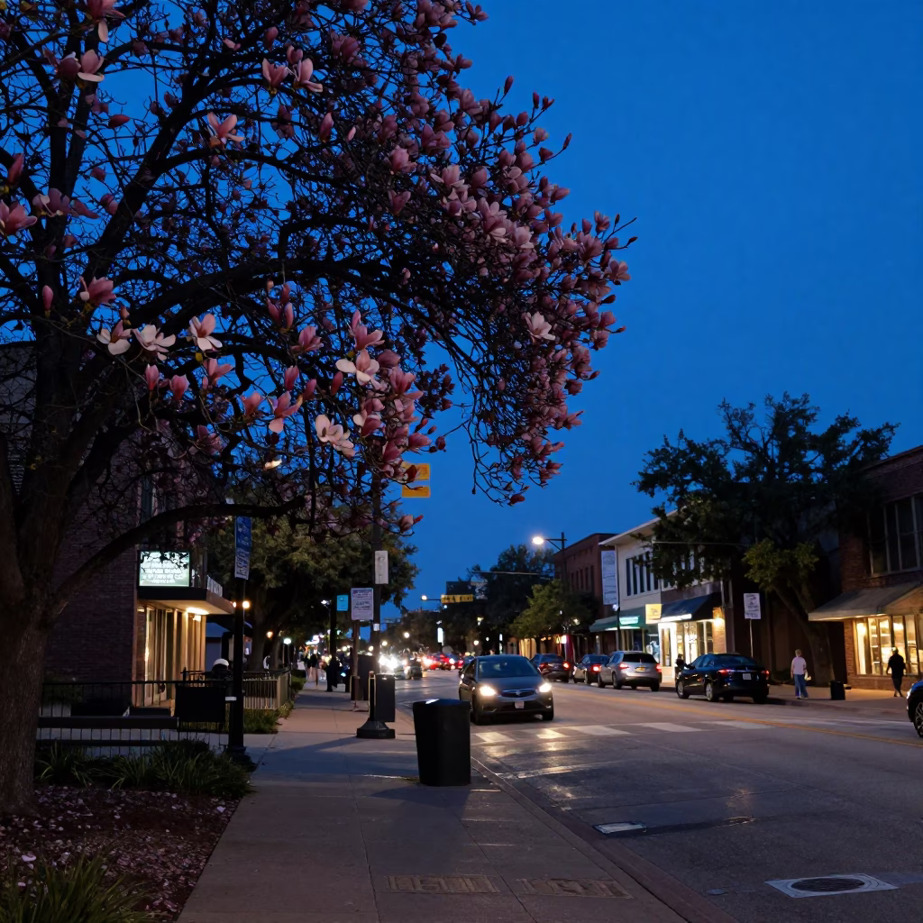Austin Texas indigo twilight street scene with magnolia tree and urban activity in in Austin, Texas, United States