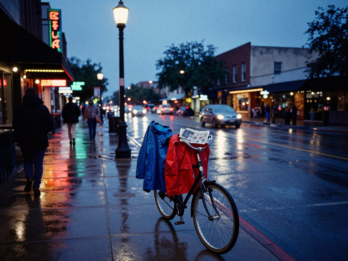 Austin Texas Indigo Twilight Street Scene with Raincoats and Newspaper Stack in in Austin, Texas, United States
