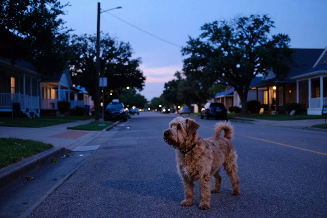 Austin Texas Indigo Twilight Street Scene with Soft Coated Wheaten Terrier in in Austin, Texas, United States