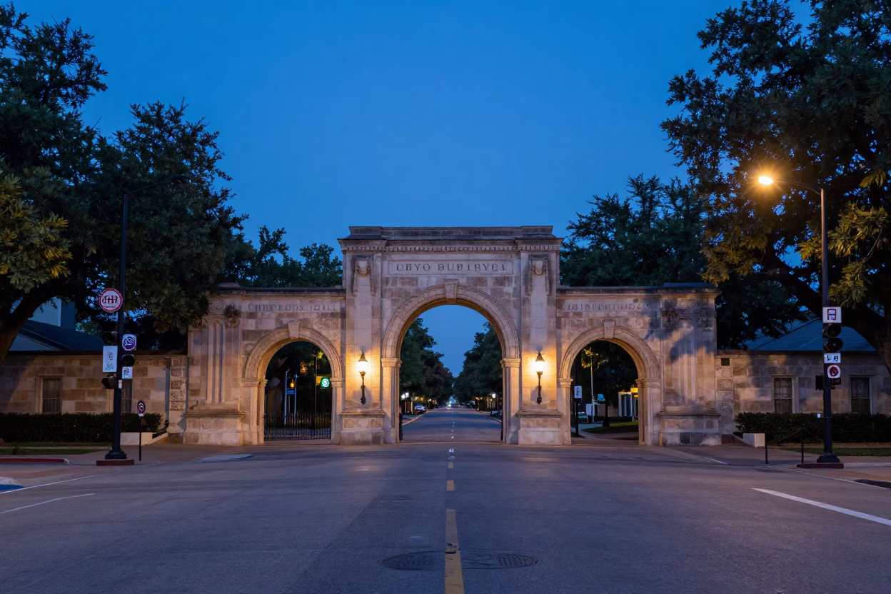 Austin Texas Indigo Twilight Street Scene with University Archway and Wet Bicycle Rack in in Austin, Texas, United States