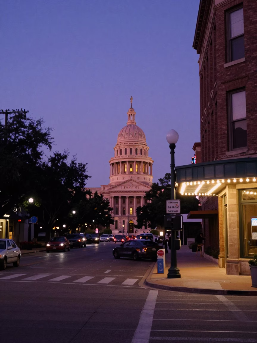 Austin Texas Indigo Twilight Street Scene with Vintage 1990s Color and Local Architecture in in Austin, Texas, United States
