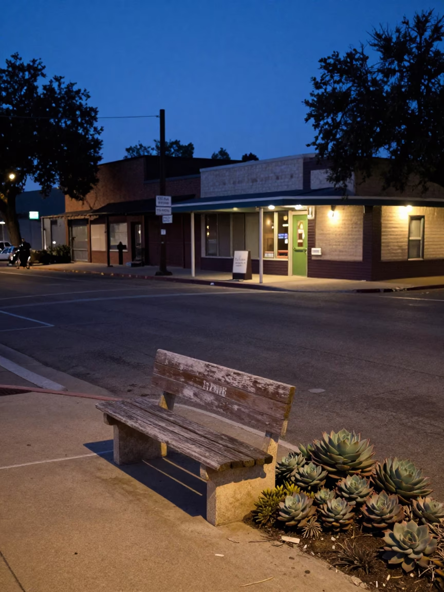 Austin Texas Indigo Twilight Street Scene with Vintage 1990s Elements and Local Atmosphere in in Austin, Texas, United States