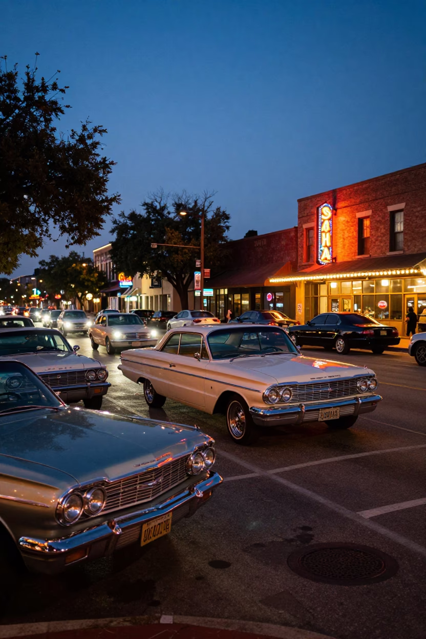 Austin Texas indigo twilight street scene with vintage cars and neon signs in in Austin, Texas, United States