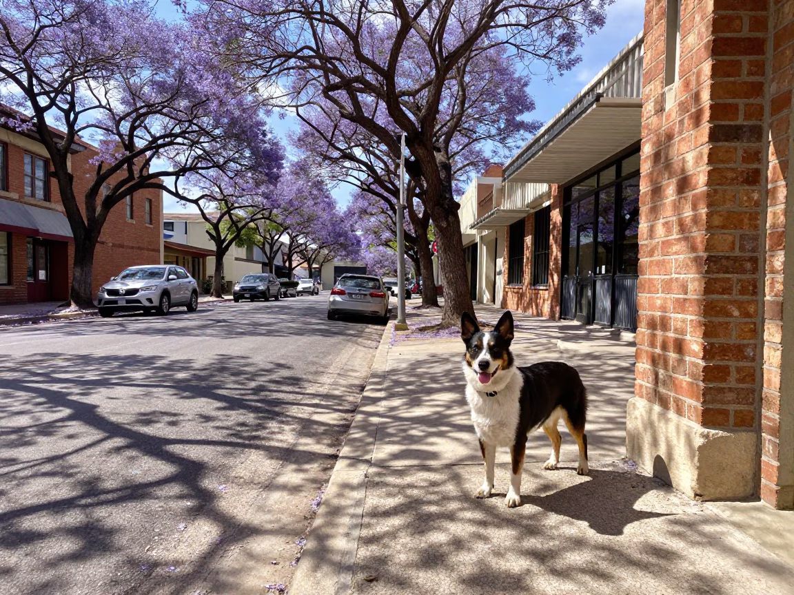Austin Texas Jacaranda Boulevard Midmorning Light Australian Cattle Dog and Local Street Scene in in Austin, Texas, United States