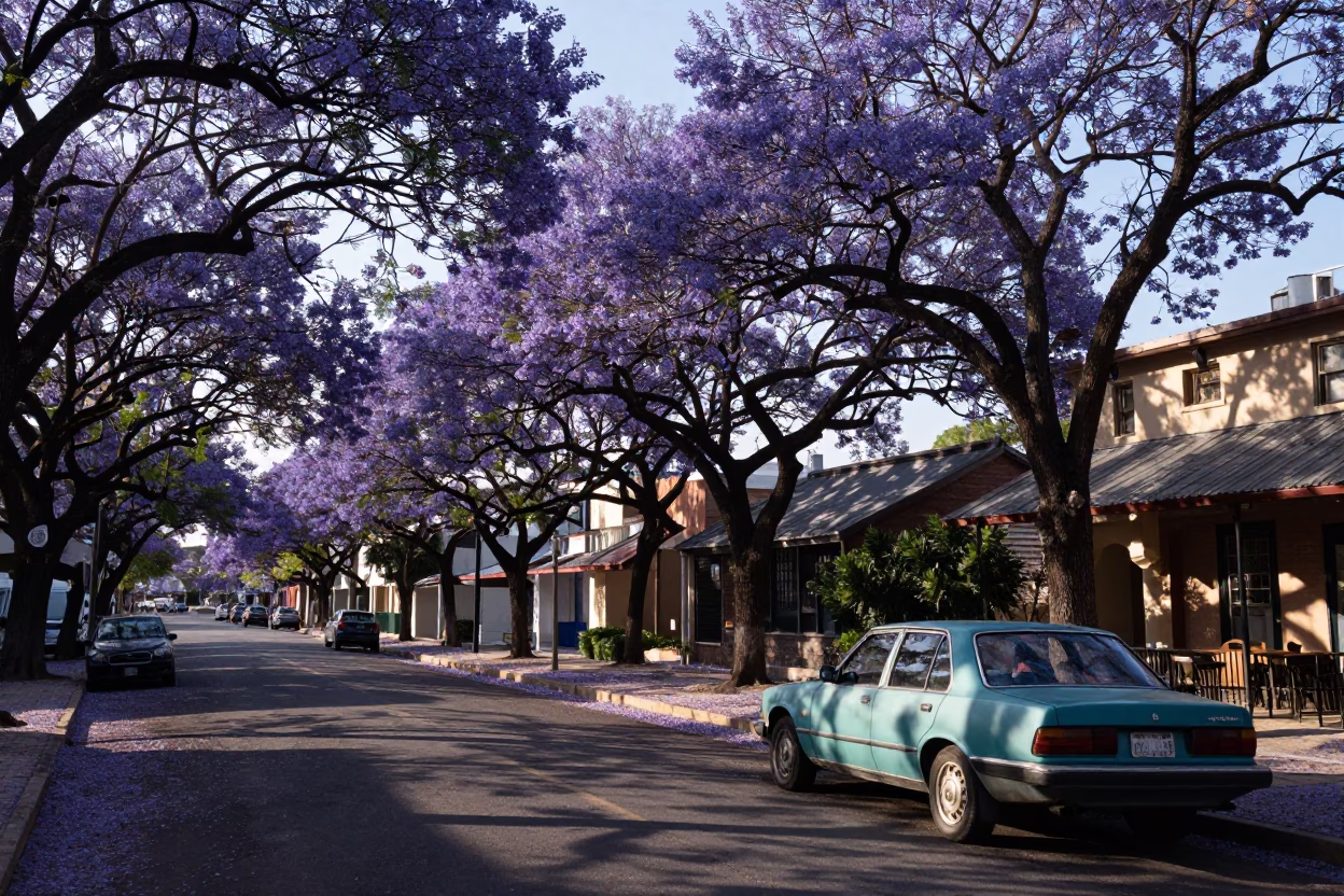 Austin Texas Jacaranda Tree Purple Bloom First Light Street Scene 1990s in in Austin, Texas, United States