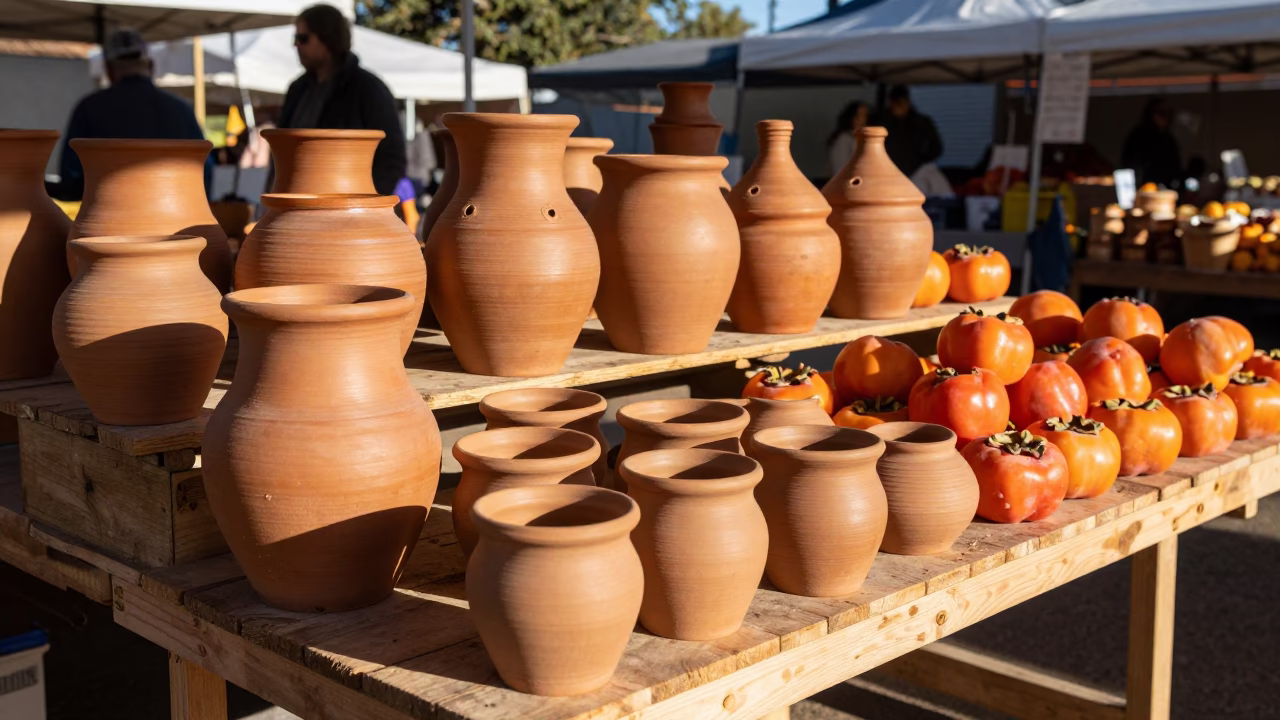 Austin Texas Late Afternoon Clay Pots Persimmons Local Market Display in in Austin, Texas, United States