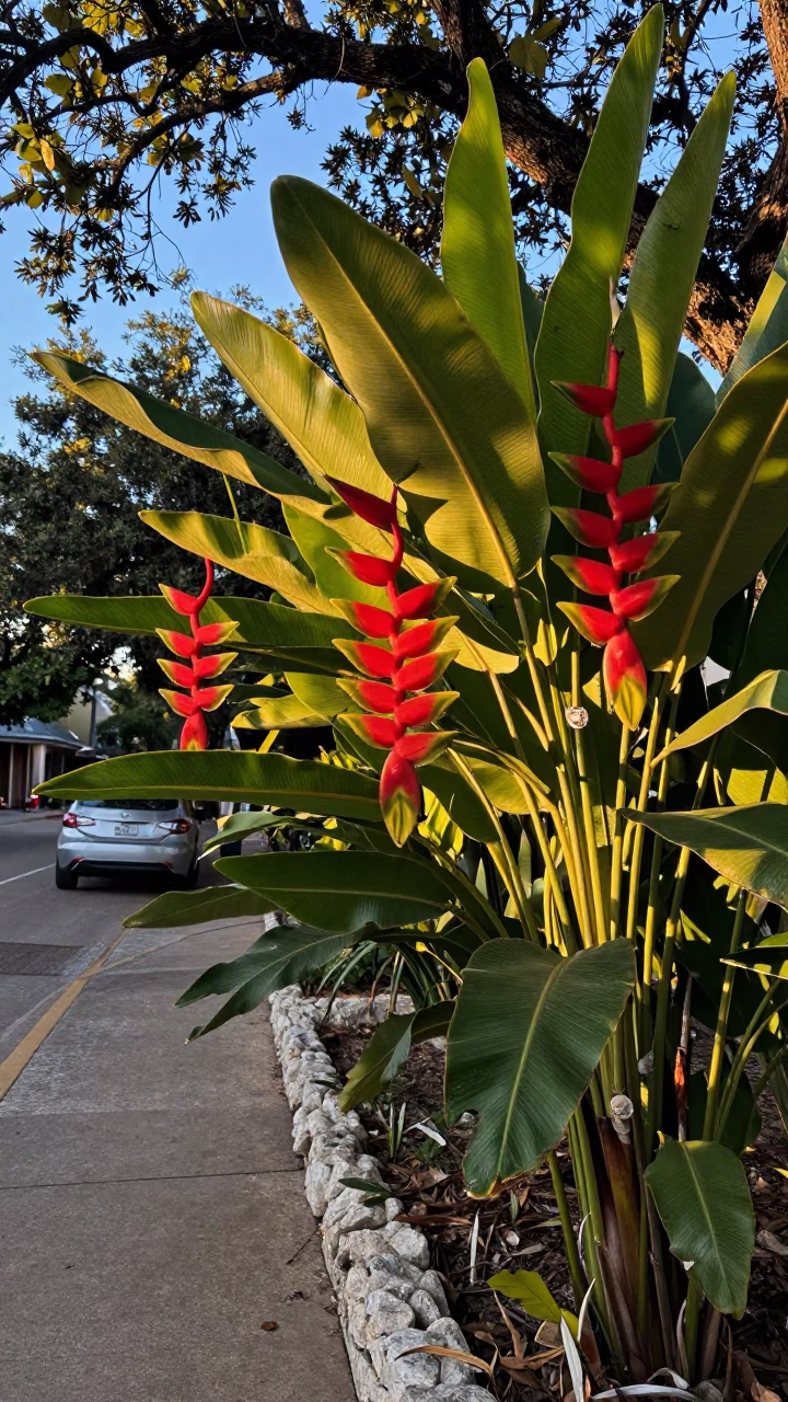 Austin Texas Late Afternoon Light Heliconia Flowers and Limestone Street Scene in in Austin, Texas, United States