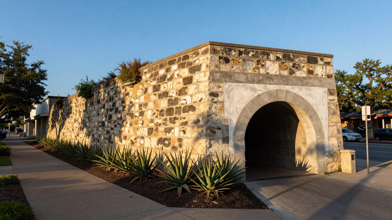 Austin Texas Late Afternoon Street Scene with Aloe Vera Plants and Local Architecture in in Austin, Texas, United States