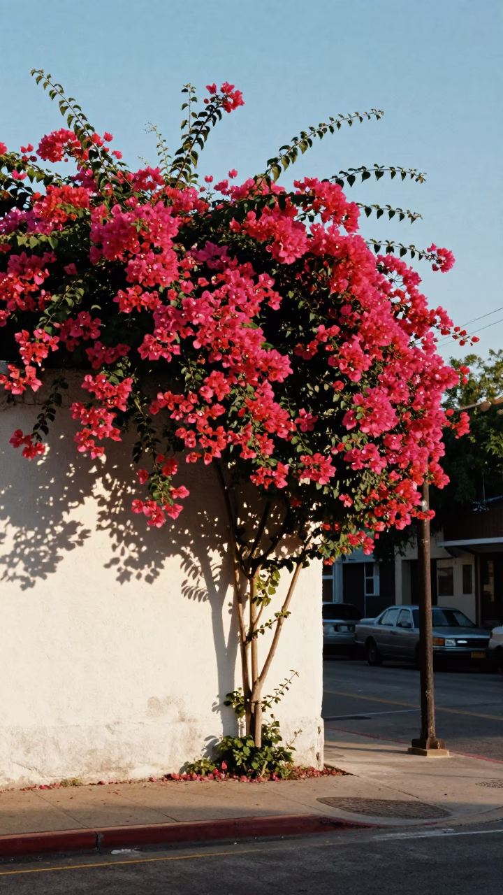 Austin Texas Late Afternoon Street Scene with Bougainvillea and Urban Architecture in in Austin, Texas, United States