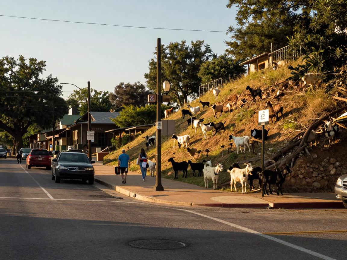 Austin Texas Late Afternoon Street Scene with Goats on Hillside and Urban Life in in Austin, Texas, United States