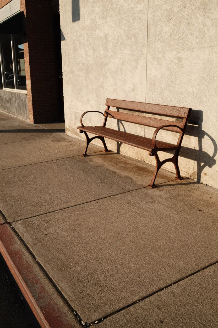 Austin Texas Late Afternoon Street Scene with Rusty Bench and Urban Details in in Austin, Texas, United States