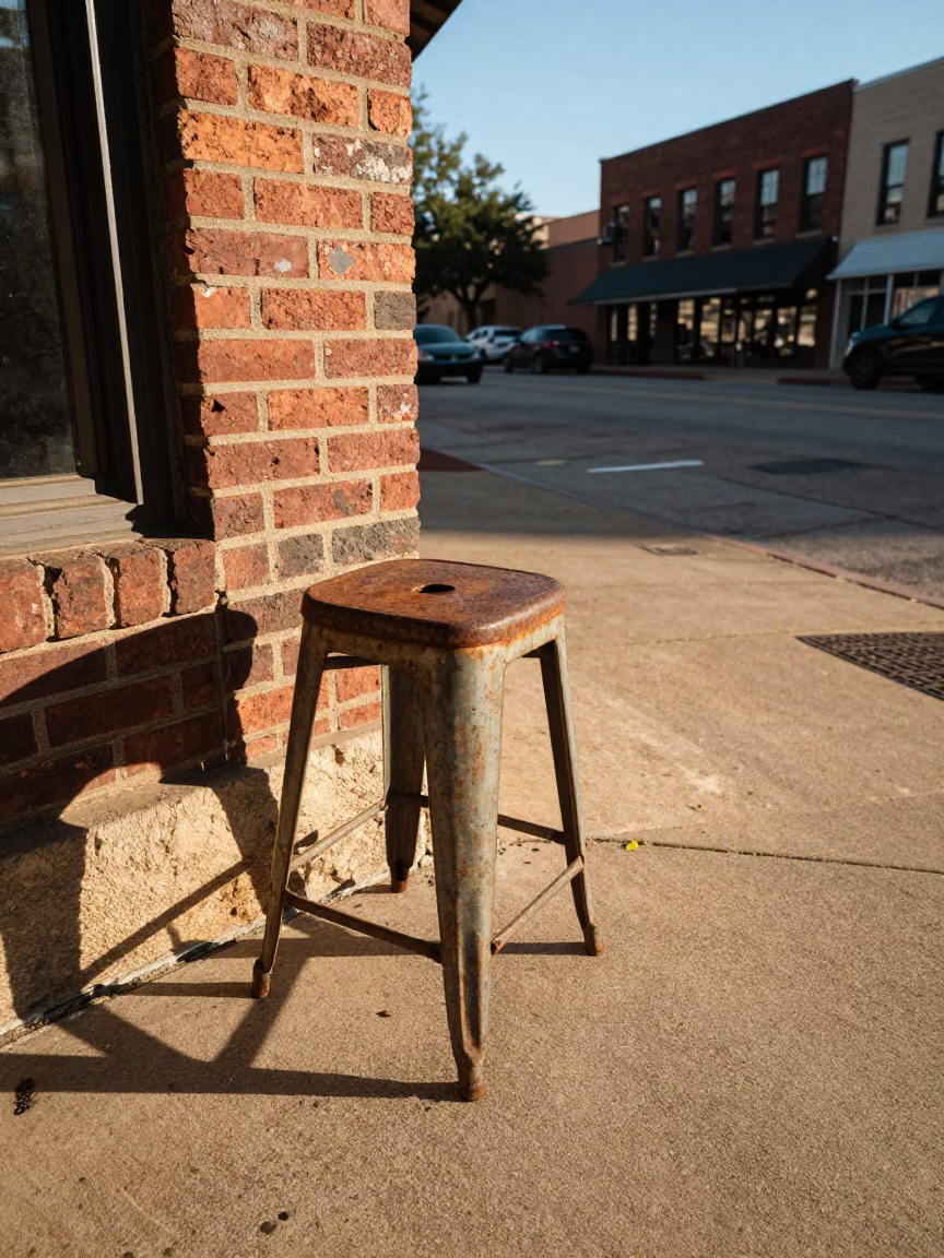 Austin Texas Late Afternoon Street Scene with Rusty Stool and Doorframe in in Austin, Texas, United States