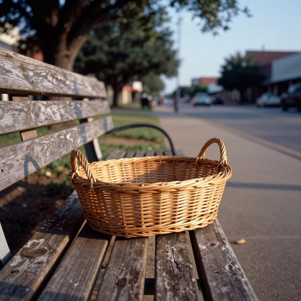 Austin Texas Late Afternoon Street Scene with Wicker Basket and Padlock on Park Bench in in Austin, Texas, United States