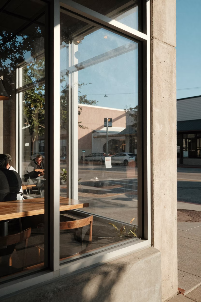 Austin Texas Late Afternoon Sunlight Reflects on Glass Window Frame at Local Cafe Interior in in Austin, Texas, United States