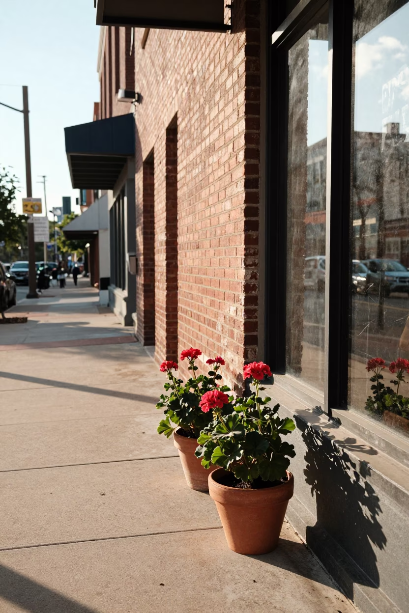 Austin Texas Late Morning Street Scene with Potted Geraniums and Local Architecture in in Austin, Texas, United States