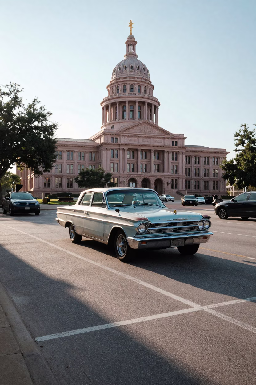 Austin Texas Late Morning Street Scene with Vintage Cars and Local Architecture in in Austin, Texas, United States