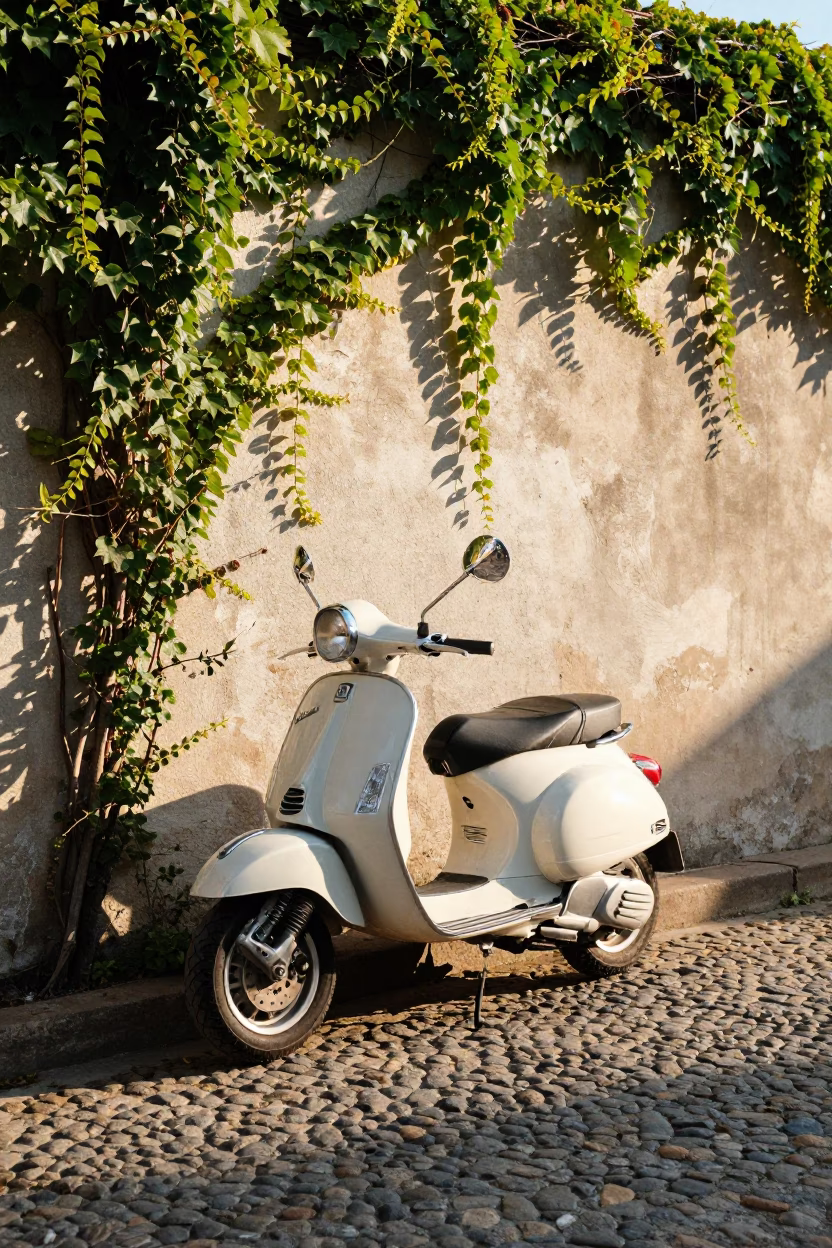Austin Texas Late Morning Street Scene With Vintage Vespa And Lush Greenery in in Austin, Texas, United States